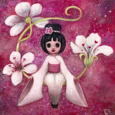 tableau`Sakura` fleur de cerisier acrylique sur bois 20 x 20 cm